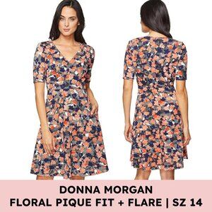 Donna Morgan Piqué Floral Fit & Flare Dress Navy Coral Size 14 Cocktail Wedding